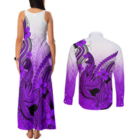 Hawaii Couples Matching Tank Maxi Dress and Long Sleeve Button Shirts Polynesian Shark Tattoo With Plumeria Purple Gradient - Wonder Print Shop