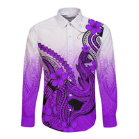 Hawaii Long Sleeve Button Shirt Polynesian Shark Tattoo With Plumeria Purple Gradient - Wonder Print Shop