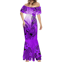 Hawaii Mermaid Dress Polynesian Shark Tattoo With Plumeria Purple Gradient - Wonder Print Shop