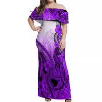 Hawaii Off Shoulder Maxi Dress Polynesian Shark Tattoo With Plumeria Purple Gradient - Wonder Print Shop