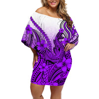 Hawaii Off Shoulder Short Dress Polynesian Shark Tattoo With Plumeria Purple Gradient - Wonder Print Shop