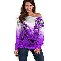 Hawaii Off Shoulder Sweater Polynesian Shark Tattoo With Plumeria Purple Gradient - Wonder Print Shop