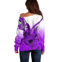 Hawaii Off Shoulder Sweater Polynesian Shark Tattoo With Plumeria Purple Gradient - Wonder Print Shop