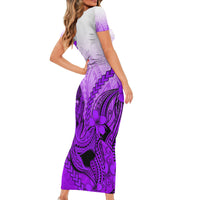 Hawaii Short Sleeve Bodycon Dress Polynesian Shark Tattoo With Plumeria Purple Gradient - Wonder Print Shop