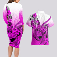 Hawaii Couples Matching Long Sleeve Bodycon Dress and Hawaiian Shirt Polynesian Shark Tattoo With Plumeria Pink Gradient - Wonder Print Shop