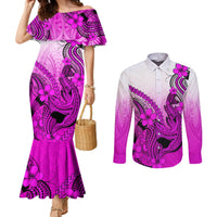 hawaii-couples-matching-mermaid-dress-and-long-sleeve-button-shirts-polynesian-shark-tattoo-with-plumeria-pink-gradient
