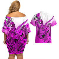 Hawaii Couples Matching Off Shoulder Short Dress and Hawaiian Shirt Polynesian Shark Tattoo With Plumeria Pink Gradient - Wonder Print Shop