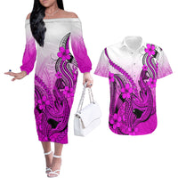 Hawaii Couples Matching Off The Shoulder Long Sleeve Dress and Hawaiian Shirt Polynesian Shark Tattoo With Plumeria Pink Gradient - Wonder Print Shop
