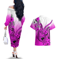 Hawaii Couples Matching Off The Shoulder Long Sleeve Dress and Hawaiian Shirt Polynesian Shark Tattoo With Plumeria Pink Gradient - Wonder Print Shop