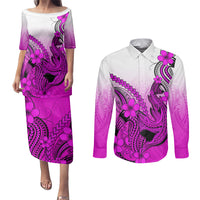 Hawaii Couples Matching Puletasi Dress and Long Sleeve Button Shirts Polynesian Shark Tattoo With Plumeria Pink Gradient - Wonder Print Shop