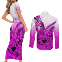 Hawaii Couples Matching Short Sleeve Bodycon Dress and Long Sleeve Button Shirts Polynesian Shark Tattoo With Plumeria Pink Gradient - Wonder Print Shop