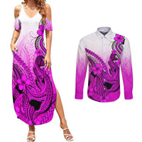 Hawaii Couples Matching Summer Maxi Dress and Long Sleeve Button Shirts Polynesian Shark Tattoo With Plumeria Pink Gradient - Wonder Print Shop