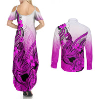 Hawaii Couples Matching Summer Maxi Dress and Long Sleeve Button Shirts Polynesian Shark Tattoo With Plumeria Pink Gradient - Wonder Print Shop