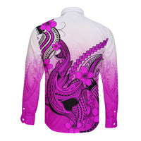 Hawaii Long Sleeve Button Shirt Polynesian Shark Tattoo With Plumeria Pink Gradient - Wonder Print Shop
