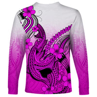 Hawaii Long Sleeve Shirt Polynesian Shark Tattoo With Plumeria Pink Gradient - Wonder Print Shop