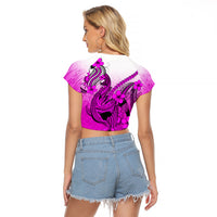 Hawaii Raglan Cropped T Shirt Polynesian Shark Tattoo With Plumeria Pink Gradient - Wonder Print Shop