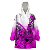 Hawaii Wearable Blanket Hoodie Polynesian Shark Tattoo With Plumeria Pink Gradient - Wonder Print Shop