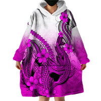 Hawaii Wearable Blanket Hoodie Polynesian Shark Tattoo With Plumeria Pink Gradient - Wonder Print Shop