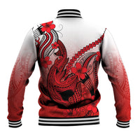 Hawaii Baseball Jacket Polynesian Shark Tattoo With Plumeria Red Gradient - Wonder Print Shop