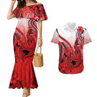 Hawaii Couples Matching Mermaid Dress And Hawaiian Shirt Polynesian Shark Tattoo With Plumeria Red Gradient - Wonder Print Shop