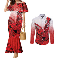 hawaii-couples-matching-mermaid-dress-and-long-sleeve-button-shirts-polynesian-shark-tattoo-with-plumeria-red-gradient