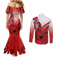 hawaii-couples-matching-mermaid-dress-and-long-sleeve-button-shirts-polynesian-shark-tattoo-with-plumeria-red-gradient