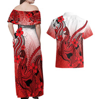 Hawaii Couples Matching Off Shoulder Maxi Dress and Hawaiian Shirt Polynesian Shark Tattoo With Plumeria Red Gradient - Wonder Print Shop