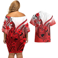 Hawaii Couples Matching Off Shoulder Short Dress and Hawaiian Shirt Polynesian Shark Tattoo With Plumeria Red Gradient - Wonder Print Shop