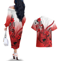 Hawaii Couples Matching Off The Shoulder Long Sleeve Dress and Hawaiian Shirt Polynesian Shark Tattoo With Plumeria Red Gradient - Wonder Print Shop