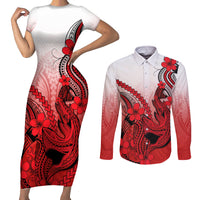 Hawaii Couples Matching Short Sleeve Bodycon Dress and Long Sleeve Button Shirts Polynesian Shark Tattoo With Plumeria Red Gradient - Wonder Print Shop