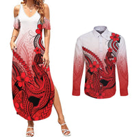 Hawaii Couples Matching Summer Maxi Dress and Long Sleeve Button Shirts Polynesian Shark Tattoo With Plumeria Red Gradient - Wonder Print Shop
