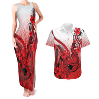 Hawaii Couples Matching Tank Maxi Dress And Hawaiian Shirt Polynesian Shark Tattoo With Plumeria Red Gradient - Wonder Print Shop