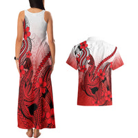 Hawaii Couples Matching Tank Maxi Dress And Hawaiian Shirt Polynesian Shark Tattoo With Plumeria Red Gradient - Wonder Print Shop