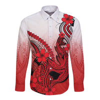 Hawaii Long Sleeve Button Shirt Polynesian Shark Tattoo With Plumeria Red Gradient - Wonder Print Shop