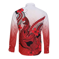 Hawaii Long Sleeve Button Shirt Polynesian Shark Tattoo With Plumeria Red Gradient - Wonder Print Shop