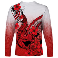 Hawaii Long Sleeve Shirt Polynesian Shark Tattoo With Plumeria Red Gradient - Wonder Print Shop