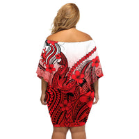 Hawaii Off Shoulder Short Dress Polynesian Shark Tattoo With Plumeria Red Gradient - Wonder Print Shop