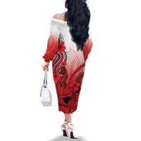 Hawaii Off The Shoulder Long Sleeve Dress Polynesian Shark Tattoo With Plumeria Red Gradient - Wonder Print Shop