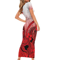 Hawaii Short Sleeve Bodycon Dress Polynesian Shark Tattoo With Plumeria Red Gradient - Wonder Print Shop