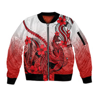 Hawaii Sleeve Zip Bomber Jacket Polynesian Shark Tattoo With Plumeria Red Gradient - Wonder Print Shop