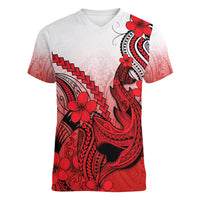 Hawaii Women V Neck T Shirt Polynesian Shark Tattoo With Plumeria Red Gradient - Wonder Print Shop