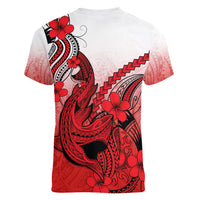Hawaii Women V Neck T Shirt Polynesian Shark Tattoo With Plumeria Red Gradient - Wonder Print Shop