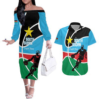 South Sudan Basketball Custom Couples Matching Off The Shoulder Long Sleeve Dress and Hawaiian Shirt Come On Bright Stars - Wonder Print Shop