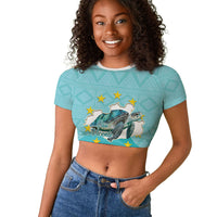 Sao Vincente Cabo Verde Raglan Cropped T shirt Map With Sea Turtle African Pattern