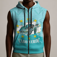 Sao Vincente Cabo Verde Sleeveless Zip Hoodie Map With Sea Turtle African Pattern