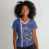 Personalized Santiago Cabo Verde Women V-Neck T-Shirt Map With Farol de Dona Maria Pia