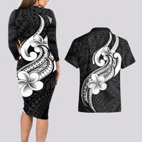 Polynesia Couples Matching Long Sleeve Bodycon Dress and Hawaiian Shirt Plumeria With Tribal Pattern Black Vibes - Wonder Print Shop