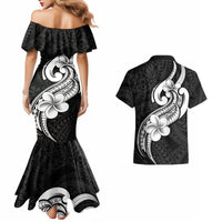 Polynesia Couples Matching Mermaid Dress and Hawaiian Shirt Plumeria With Tribal Pattern Black Vibes - Wonder Print Shop