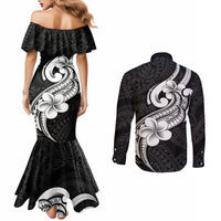 polynesia-couples-matching-mermaid-dress-and-long-sleeve-button-shirts-plumeria-with-tribal-pattern-black-vibes