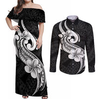 Polynesia Couples Matching Off Shoulder Maxi Dress and Long Sleeve Button Shirts Plumeria With Tribal Pattern Black Vibes - Wonder Print Shop
